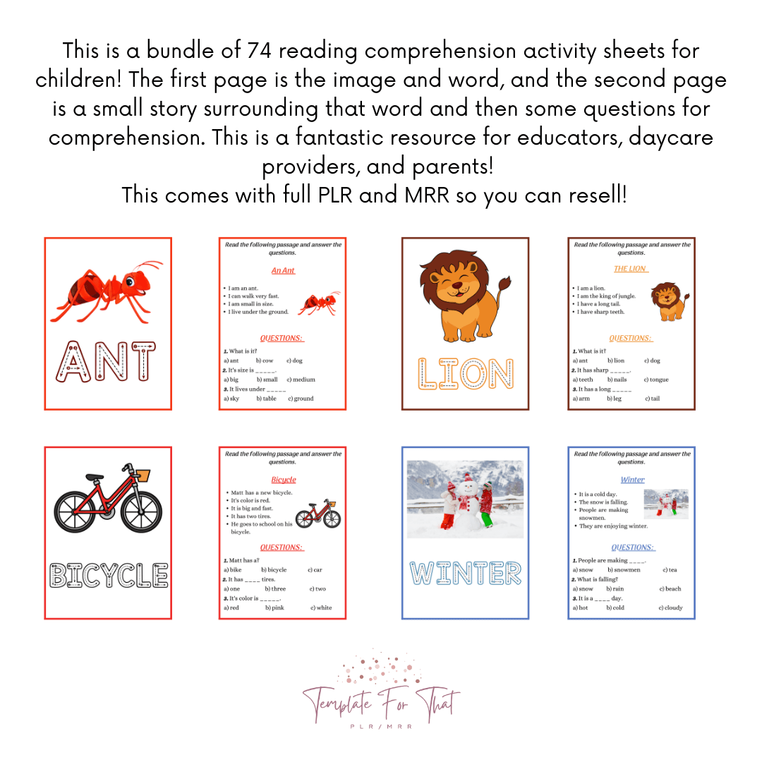 Reading Comprehension Worksheets with PLR 