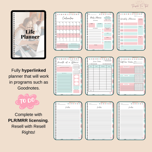 Interior of digital planner that works in Goodnotes, with full PLR/MRR
