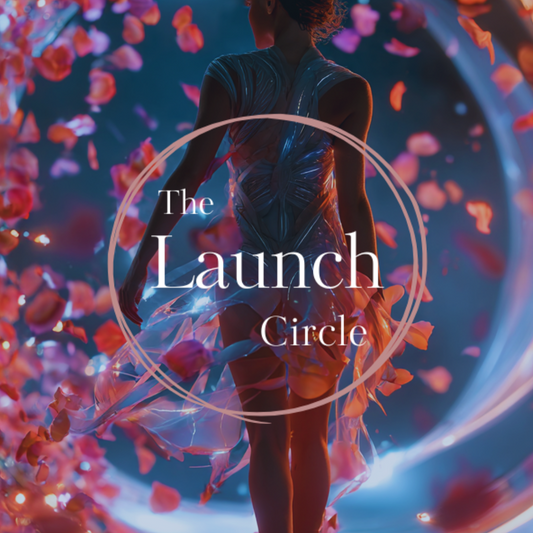 Person walking through a tunnel of pink petals with 'The Launch Circle' text overlay.